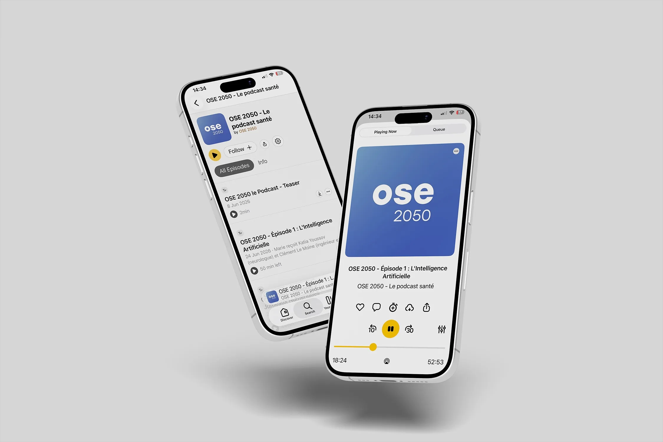 Mockup de deux iPhones affichant le podcast « OSE 2050 - Le podcast santé » : la liste des épisodes et la lecture de l'épisode 1, « L'Intelligence Artificielle »